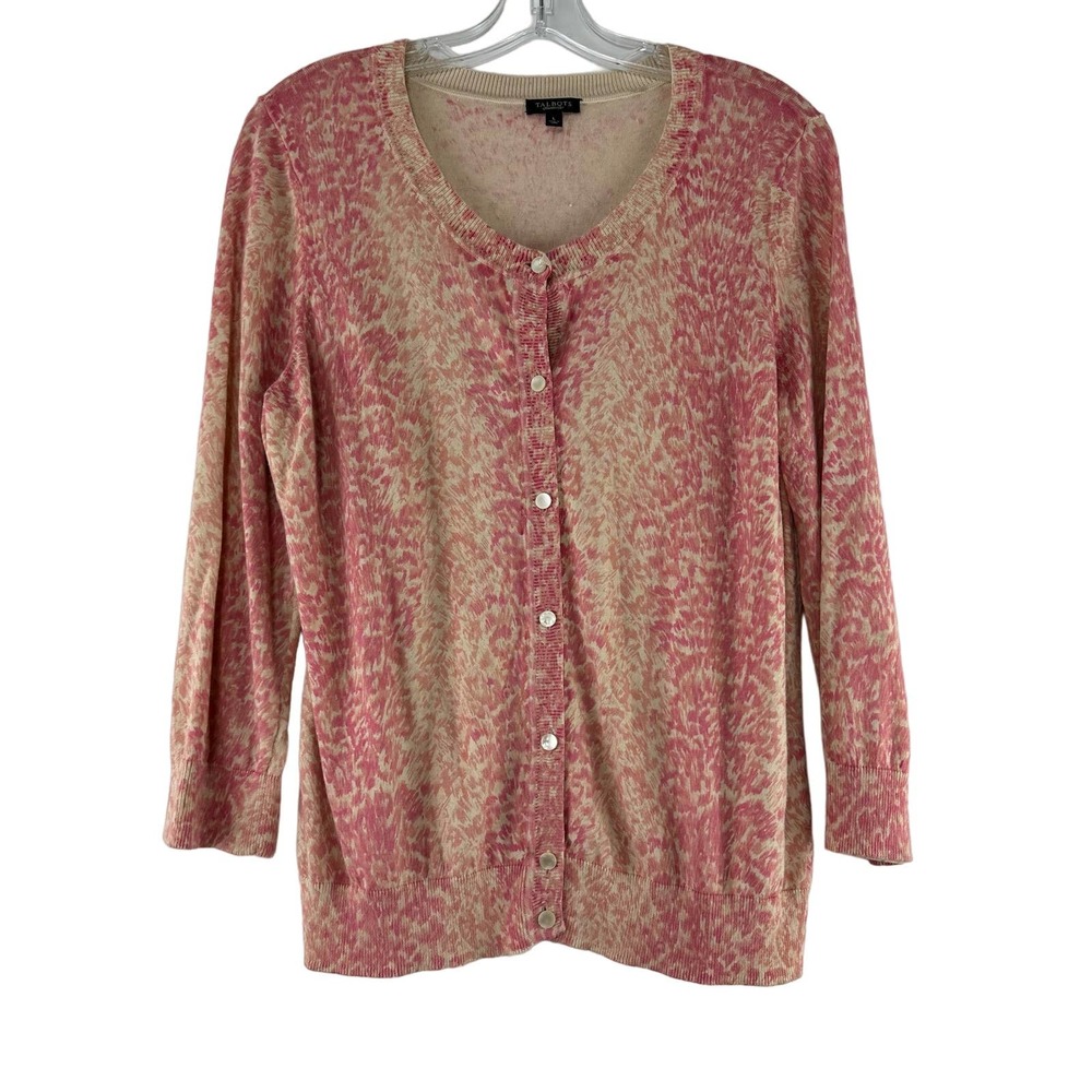 Talbots Cardigan Sweater Womens Size L Button Front Pink Long‎ Sleeve